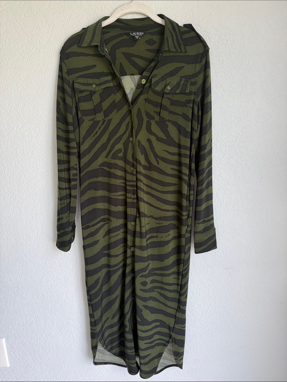 Lauren Ralph Lauren Olive Green Zebra Print Shirt Dress Size XS